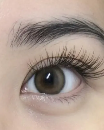 Natural lash extensions on one eye, with the brow above