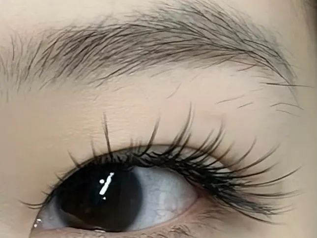 Close-up of a brow after eyebrow embroidery, with fine hair-like strokes